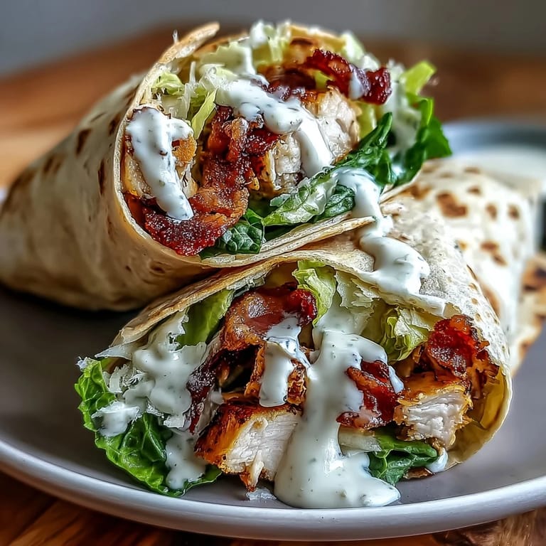 Freshly grilled chicken Caesar wrap featuring tender chicken, crunchy lettuce, and light Caesar dressing in a hearty whole wheat wrap.