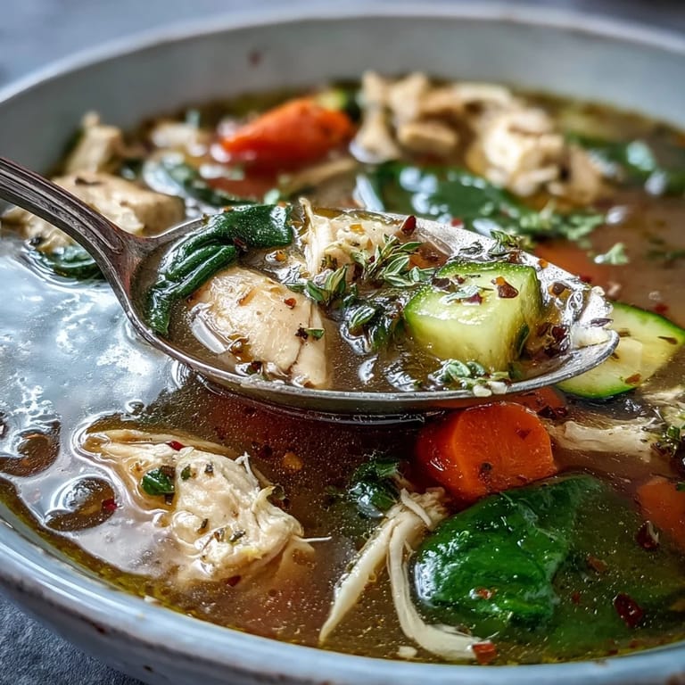 A close-up of low-calorie high-protein chicken soup, showcasing vibrant carrots, celery, and spinach in a clear, savory broth.