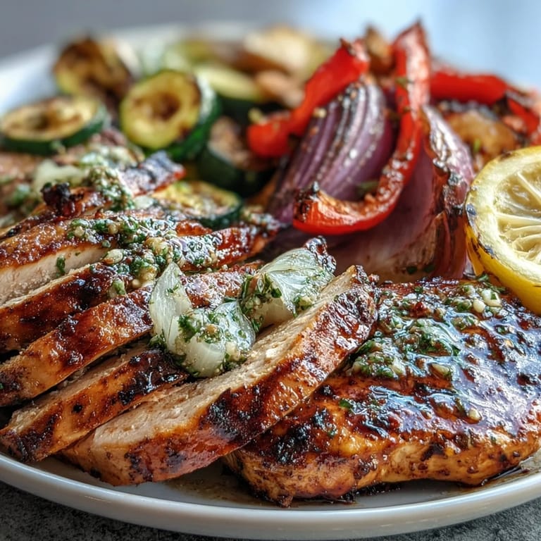 Tender grilled chicken breast paired with charred Mediterranean vegetables, seasoned with lemon and oregano for bold flavor.  