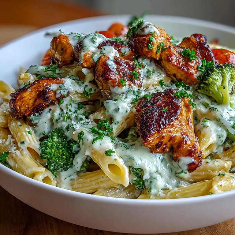 This nutritious Chicken Alfredo Bowl features golden seared chicken, vibrant broccoli, and juicy cherry tomatoes, all tossed in a velvety yogurt-based Alfredo sauce.