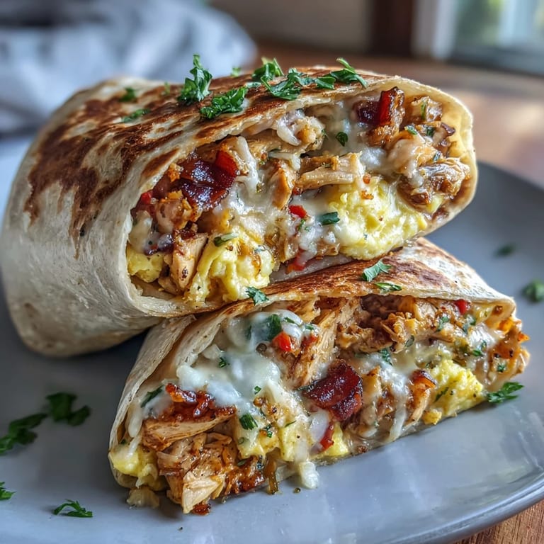 Fluffy scrambled eggs and diced chicken wrapped in a whole wheat tortilla for a satisfying, high-protein breakfast.