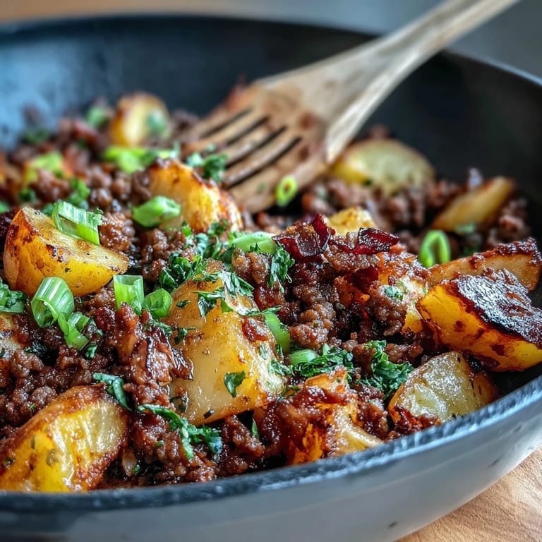 Flavorful ground beef and potato skillet, featuring golden potatoes, lean beef, and smoky paprika, garnished with fresh parsley and green onions.