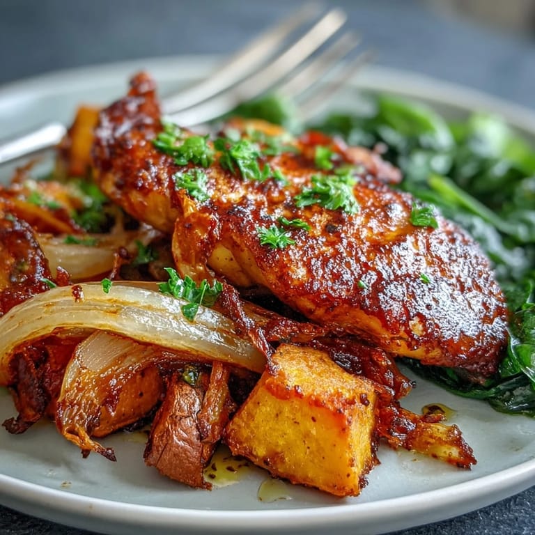 Protein-packed chicken and sweet potato dinner with vibrant roasted vegetables, served on a bed of spinach for a balanced plate.