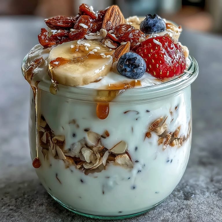 Creamy Greek yogurt layered with strawberries, blueberries, and banana slices for a refreshing, protein-packed snack.