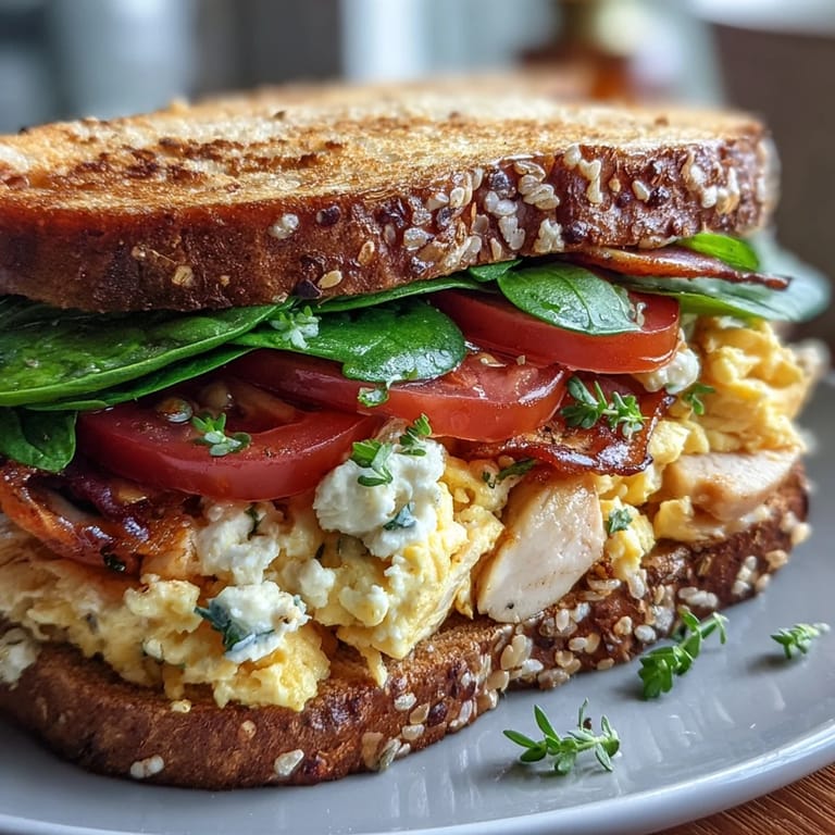Fluffy scrambled eggs and sliced turkey breast stacked on toasted whole grain bread for a protein-packed morning meal.