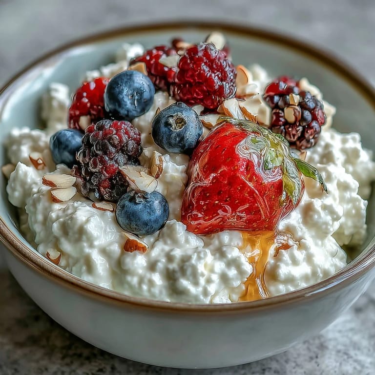 Fresh cottage cheese paired with juicy berries and a touch of honey, offering a delightful, nutritious treat anytime.