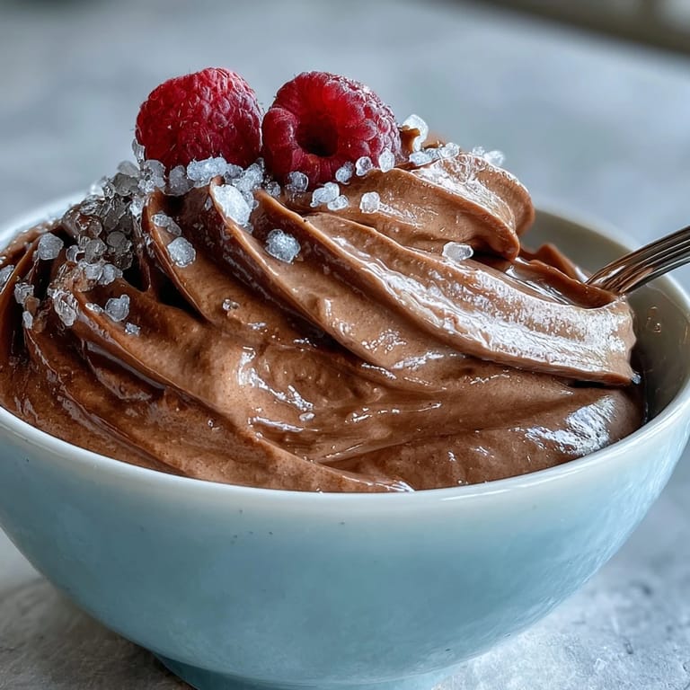 Velvety high-protein chocolate yogurt mousse topped with fresh berries, offering a delightful balance of tangy yogurt and deep cocoa flavor.