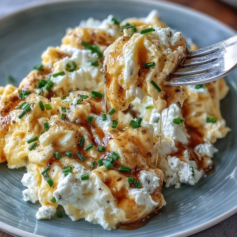 Golden scrambled eggs mixed with cottage cheese, served hot and garnished with fresh chives for a protein-packed breakfast.