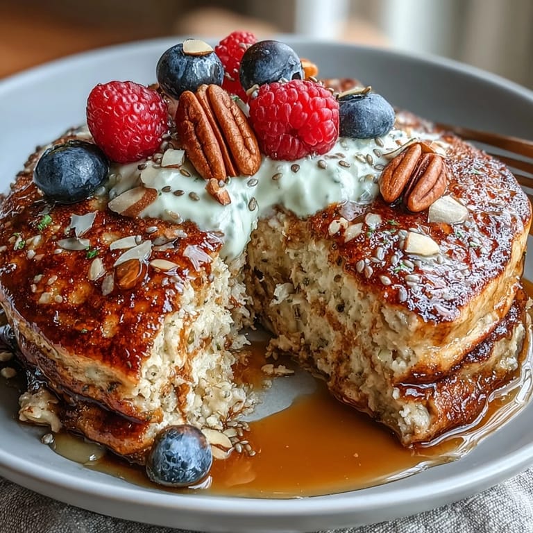 High-protein pancake bowl featuring warm oats, fresh fruit, and crunchy nuts for a satisfying, nutritious start to your day.
