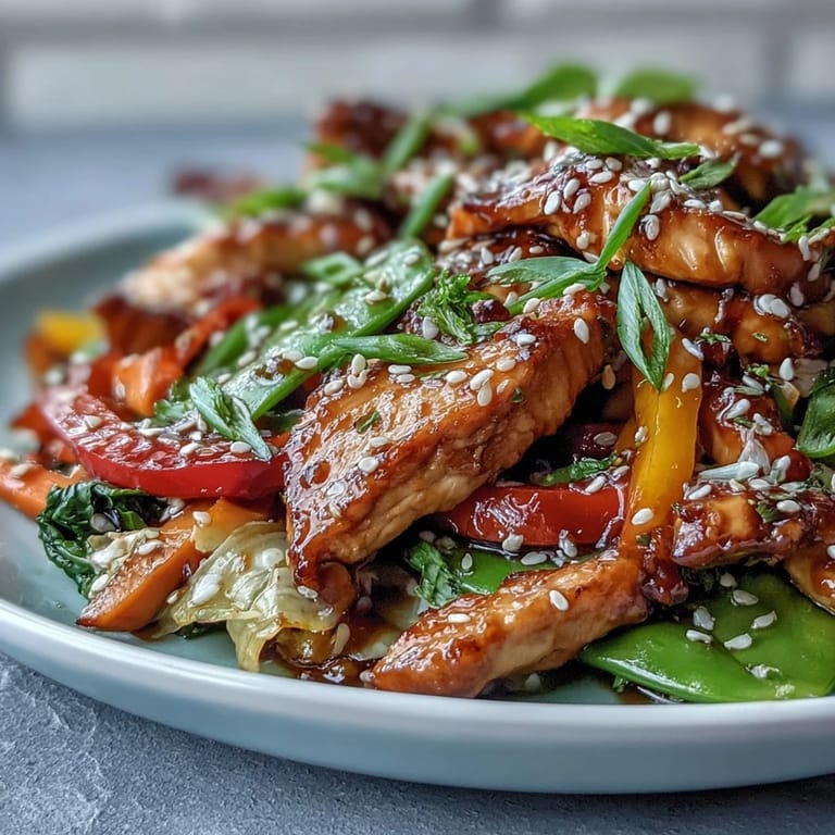 High-protein low calorie chicken stir fry served over steamed rice with vibrant bell peppers and snap peas.