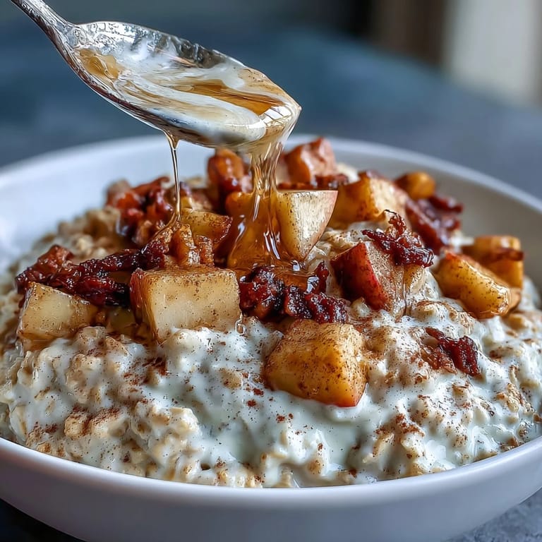 High-protein apple cinnamon oatmeal, creamy and hearty, topped with fresh apple slices and a dash of vanilla.