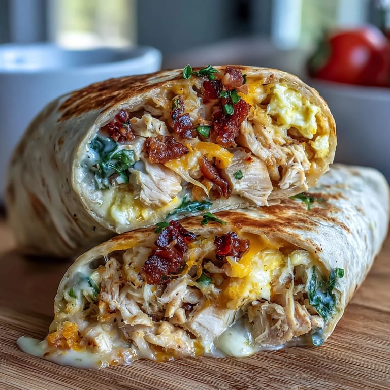 Hearty breakfast wrap with tender chicken, fluffy eggs, and melted cheese, perfect for a quick morning meal.