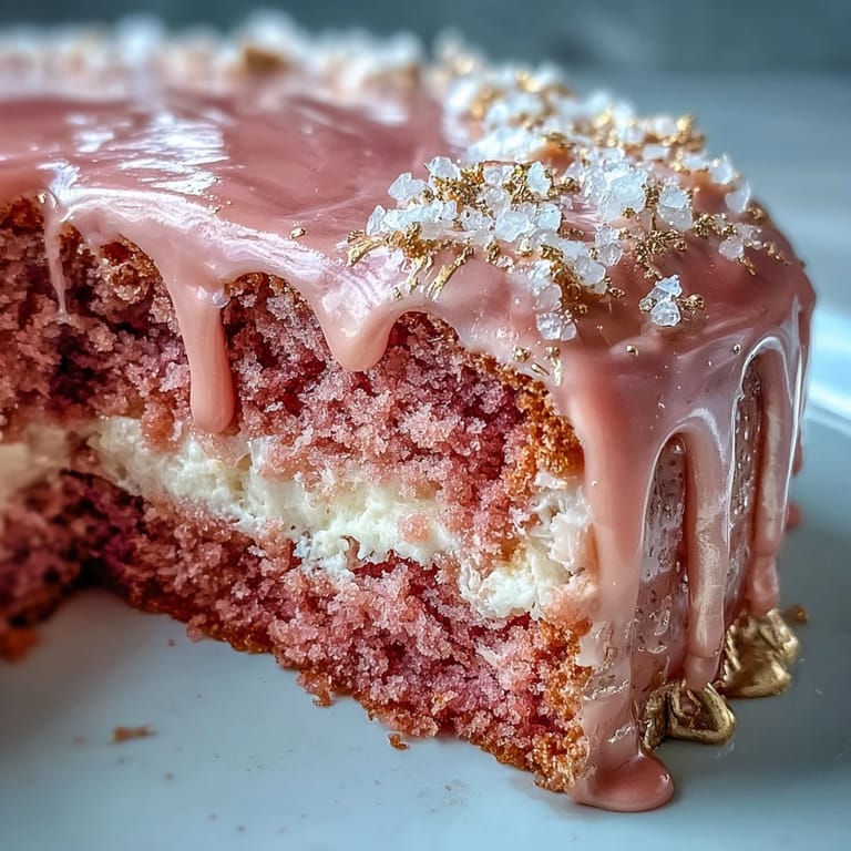 Close-up of Bridal Shower Rosé Velvet Cake showcases blush pink velvet layers, creamy frosting, and elegant gold drip detail for a showstopping dessert.