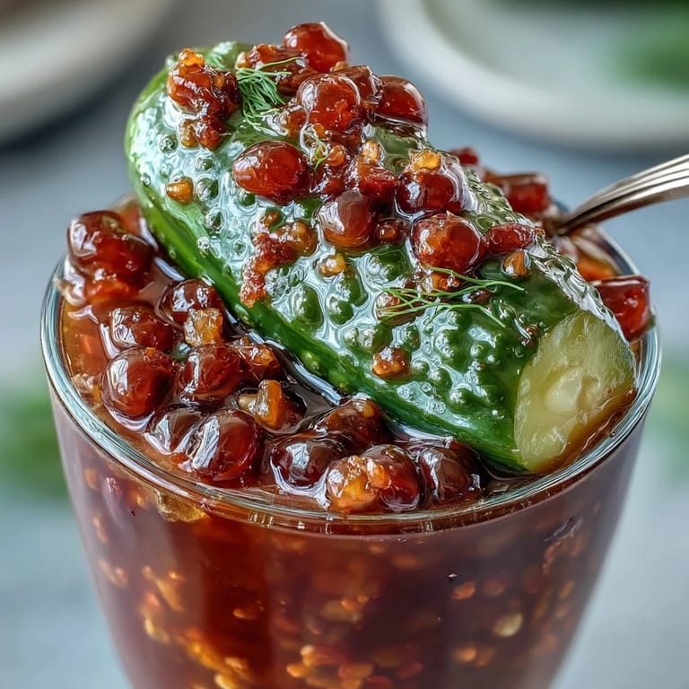 An eye-catching snack cup showcasing a chamoy-glazed pickle wrapped in fruit leather, topped with colorful candies and a dash of hot sauce.
