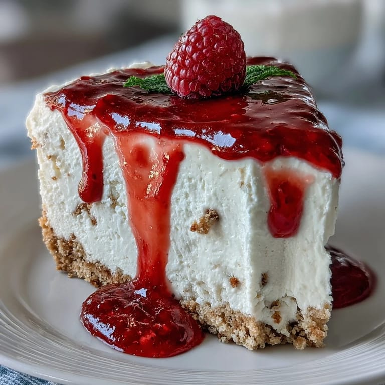 Elegant no-bake cheesecake with smooth cream cheese filling, golden biscuit crust, and a glossy raspberry coulis drizzle.