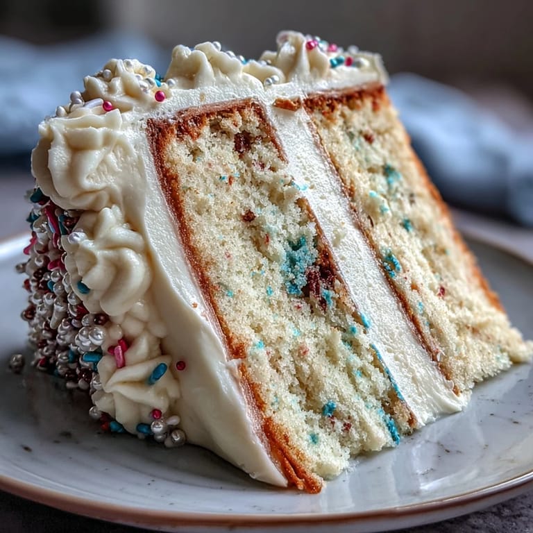 Soft vanilla confetti cake with colorful sprinkles, elegantly frosted in silky champagne buttercream for a festive graduation dessert.  