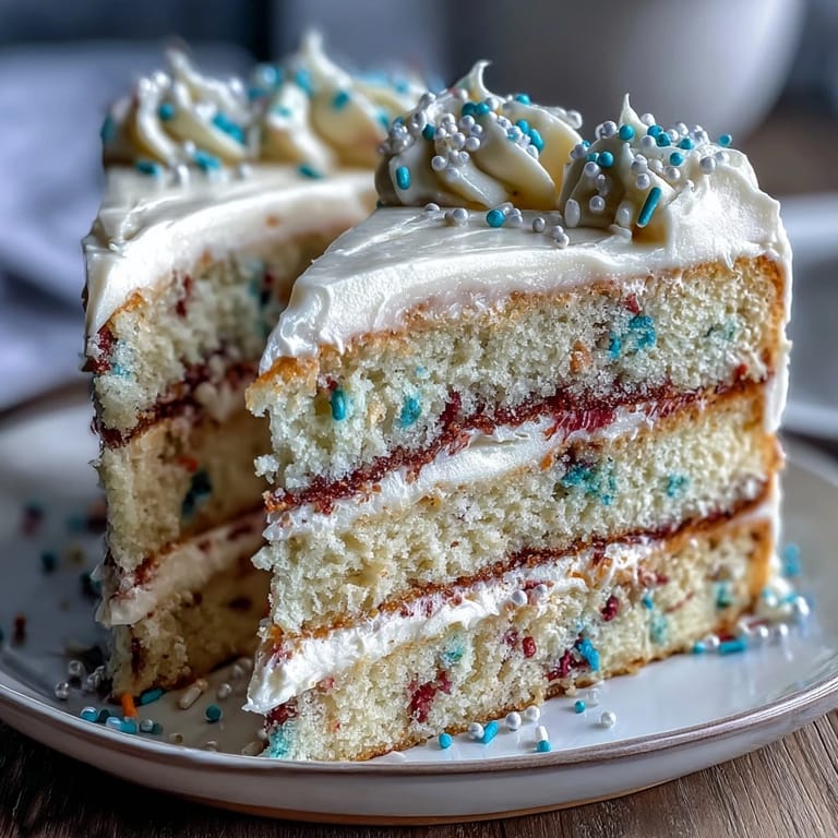 Layered confetti cake bursting with rainbow sprinkles, crowned with luxurious champagne frosting and edible glitter for a celebratory touch.
