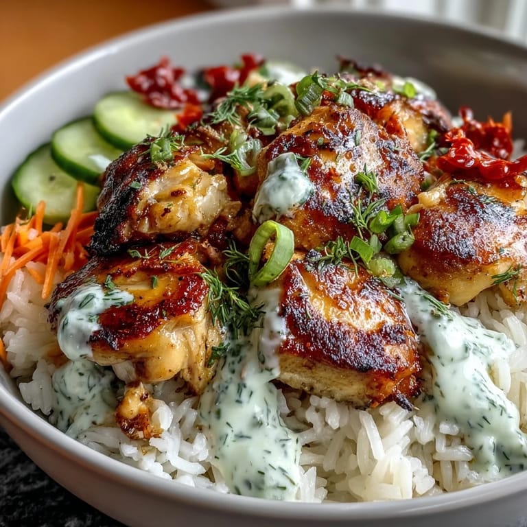 A healthy meal prep idea: lean chicken breast over jasmine rice with crisp cucumber and carrot slices.  