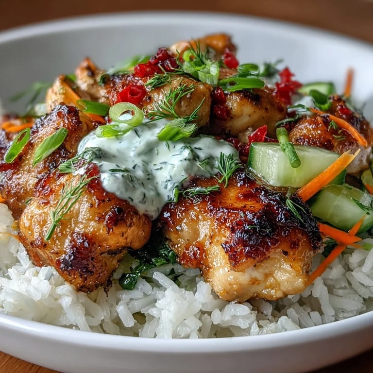 Colorful low-calorie chicken rice bowl topped with baby spinach, bell peppers, and a creamy yogurt sauce.