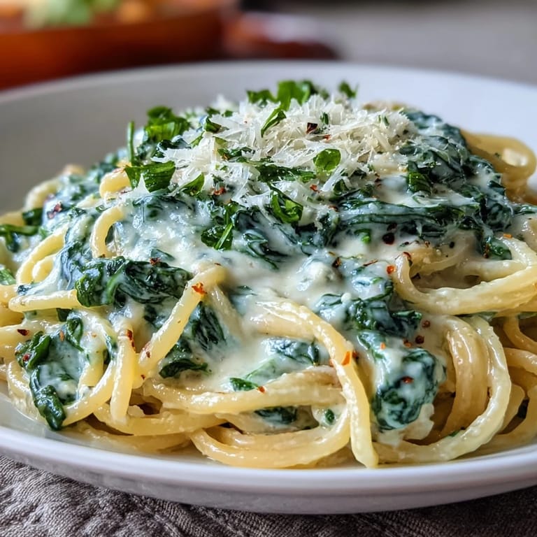 Quick and easy creamy spinach pasta featuring tender, vibrant green leaves.