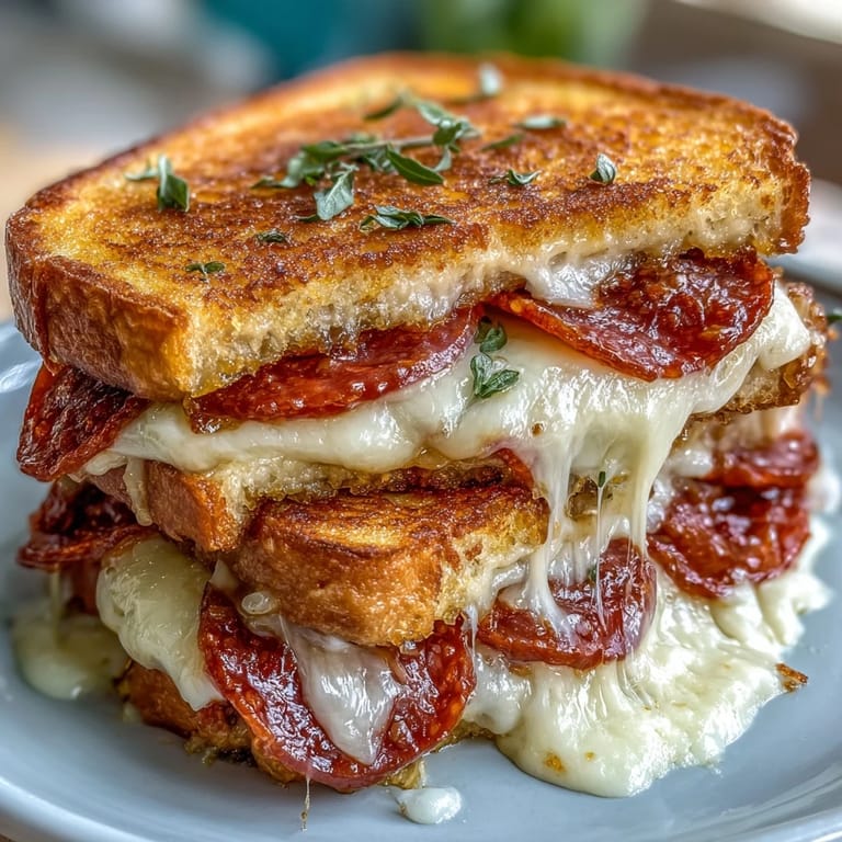 Perfectly grilled Pepperoni Pizza Grilled Cheese, a cheesy, saucy delight, ready to slice.