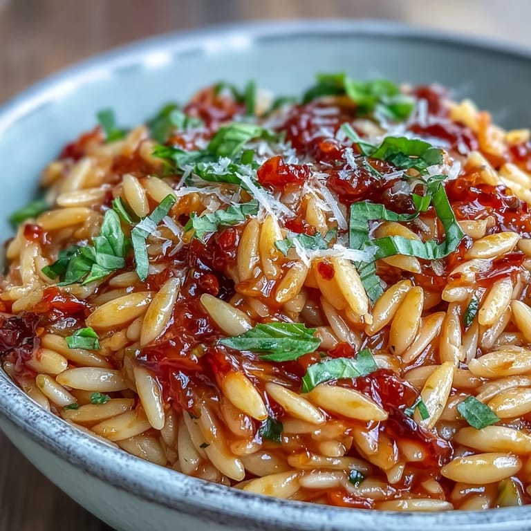 Delicious Spicy Arrabbiata Orzo, coated in rich tomato sauce, ready to serve.
