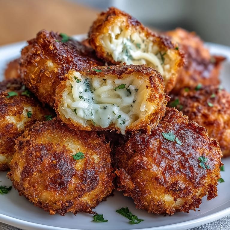 Hand-formed Crispy Leftover Spaghetti Pie Bites, breaded and fried to a delightful crunch.