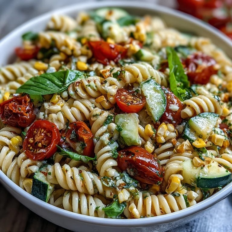 Colorful corn and tomato pasta salad ready to serve at any gathering.