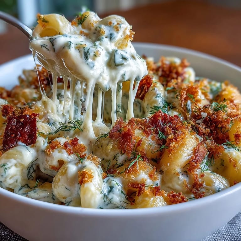 Golden baked Dill Pickle Mac and Cheese with vibrant pickle pieces.
