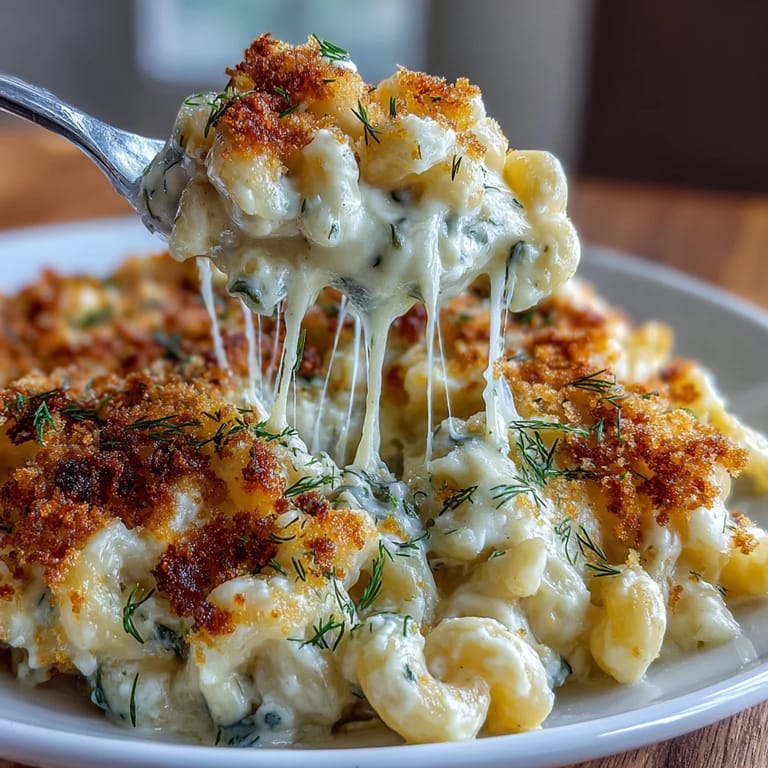 Cheesy Dill Pickle Mac and Cheese, a satisfying dish ready to serve.