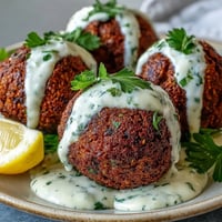 Crispy air fryer falafel with golden crust served alongside vibrant green tahini sauce for dipping.  