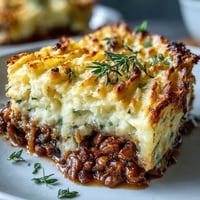 Hearty vegetarian Shepherds Pie with lentils and mushrooms, topped with creamy mashed potatoes and baked until golden.