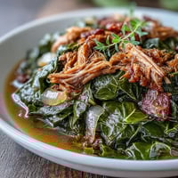 A steaming pot of soul food collard greens with smoked turkey and onions, tender and rich in Southern flavor.