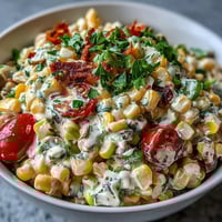 Creamy corn salad with jalapeño, cherry tomatoes, and red bell pepper in a tangy dressing.