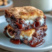 Gooey smores brownie mix cookies topped with toasted marshmallow and graham cracker crumbs for a campfire treat.