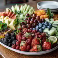 A colorful fruit table with edible flowers, perfect for graduation parties and festive celebrations.