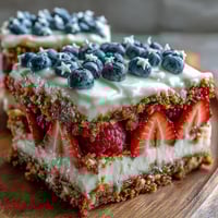 Festive no-bake cheesecake flag cake with creamy filling and fresh berries arranged in patriotic stripes for a perfect Fourth of July dessert.