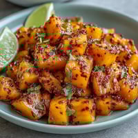 Fresh mango, pineapple, and watermelon cups with zesty lime and chili seasoning for a refreshing tropical snack.