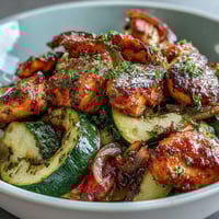 High Protein Zucchini Bowl with tender chicken and vibrant veggies, perfect for a quick, healthy meal.  
