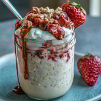 High protein strawberry overnight oats in a glass jar, topped with fresh strawberry slices and a sprinkle of chia seeds.