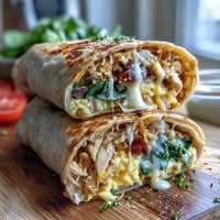Warm whole wheat tortilla filled with scrambled eggs, chicken, and fresh veggies, ready for a protein-packed breakfast.