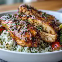 High-protein chicken meal prep with tender chicken, fluffy rice, and roasted vegetables, perfect for healthy weekly lunches.