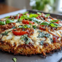 Golden leftover rice pizza crust with melted cheese and colorful toppings.