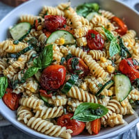 Vibrant summer corn and tomato pasta salad glistening with zesty vinaigrette.